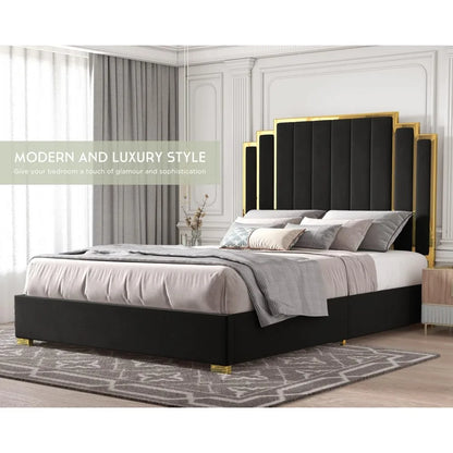 bedstead King Size and 65" Headboard, Upholstered Bed with Golden Plating Trim, Platform Bed No Box Spring Needed,bedstead