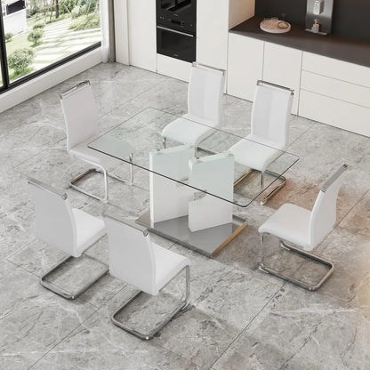 Modern dining table set for 6 people, glass table with 6 faux leather chairs, kitchen display table, suitable for living room