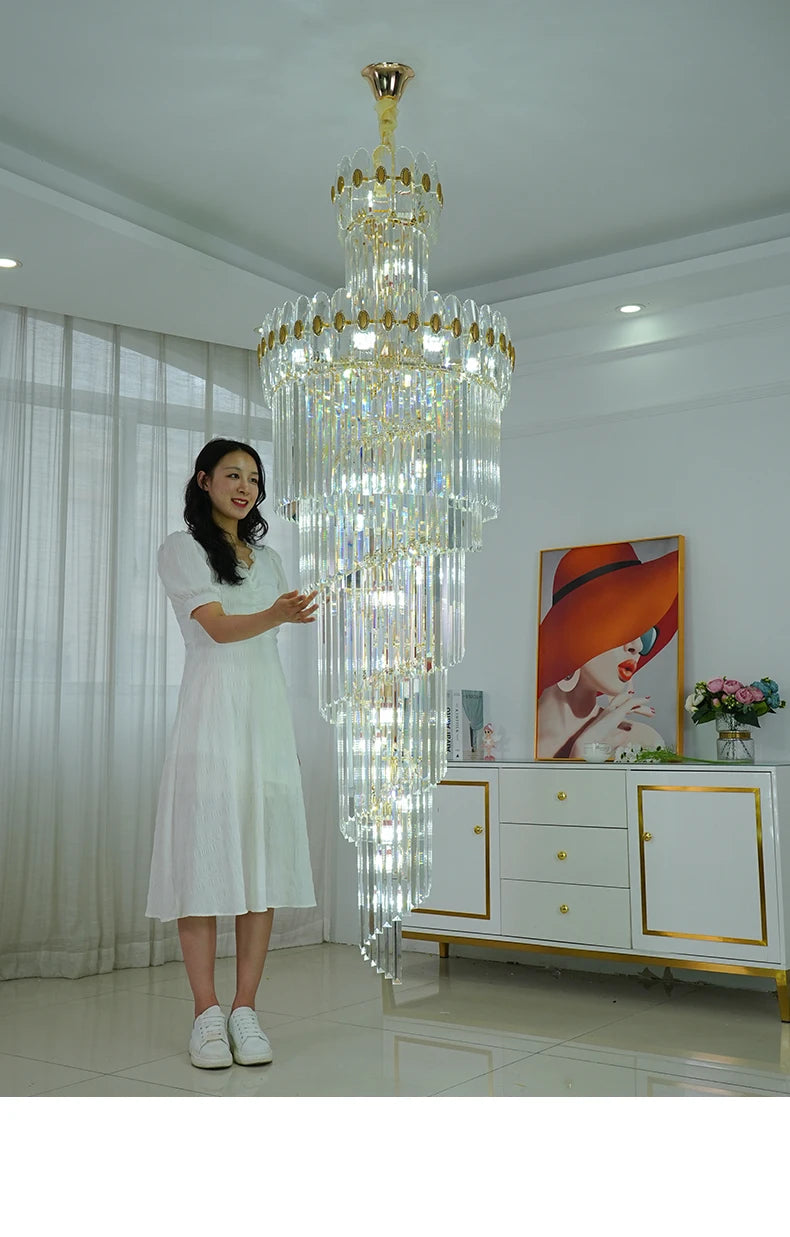 Post-Modern Duplex Villa Hall Crystal Chandelier Simple Light Luxury Jump Floor Floor Rotating Hollow Long Strip Crystal Chandel