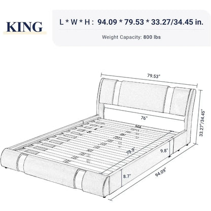 Queen Bed Frame with Iron Piece Decor, Faux Leather Upholstered Platform Bed with Adjustable Headboard & Strong Wooden Slats