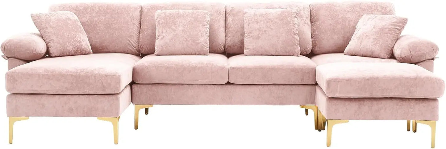 U-Shaped Sectional Sofa Couch, 4 Seat Sofa Set for Living Room, Convertible L-Shaped Velvet Couch Set with Chaise Lounge