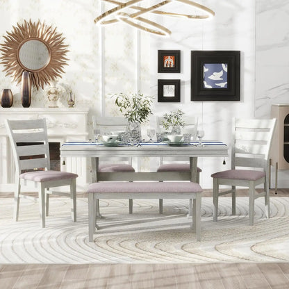 6 Pieces Dining Table Set with Bench, Rectangle Dining Table with 4 Upholstered Chairs & A Bench, Rubber Wood Dining Table Set