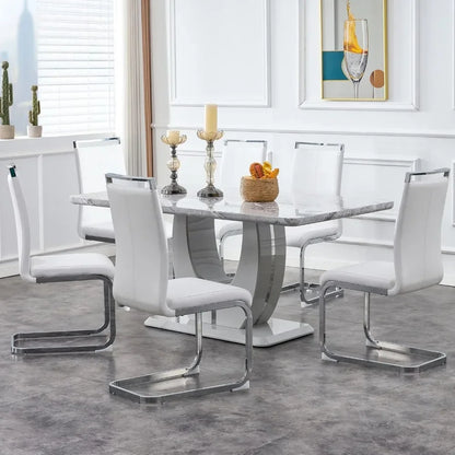 63" 7-Piece Dining Table Set, Faux Marble Table with 6 White PU Leather Dining Chairs, Dining Table and Chairs Set