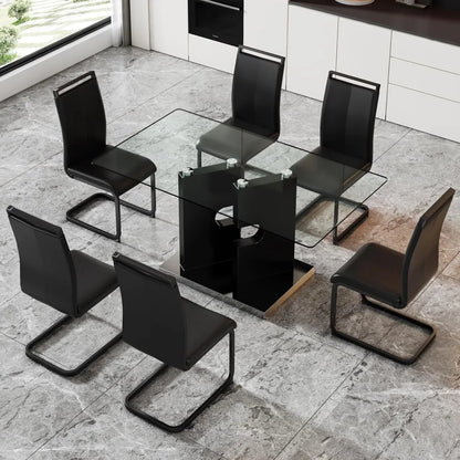 Modern dining table set for 6 people, glass table with 6 faux leather chairs, kitchen display table, suitable for living room