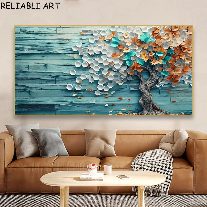 Abstract 3D Bule Flower Tree Poster and Prints Modern Canvas Painting Wall Art Pictures for Living Room Home Decor No Frame