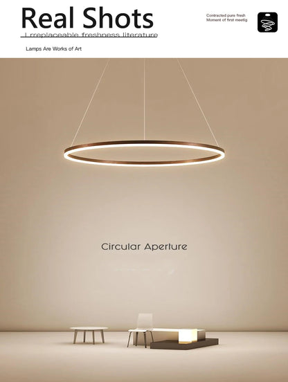 Modern LED pendant lights suitable for bedrooms, living rooms, and dining rooms. Circular ceiling chandelier, home lighting.