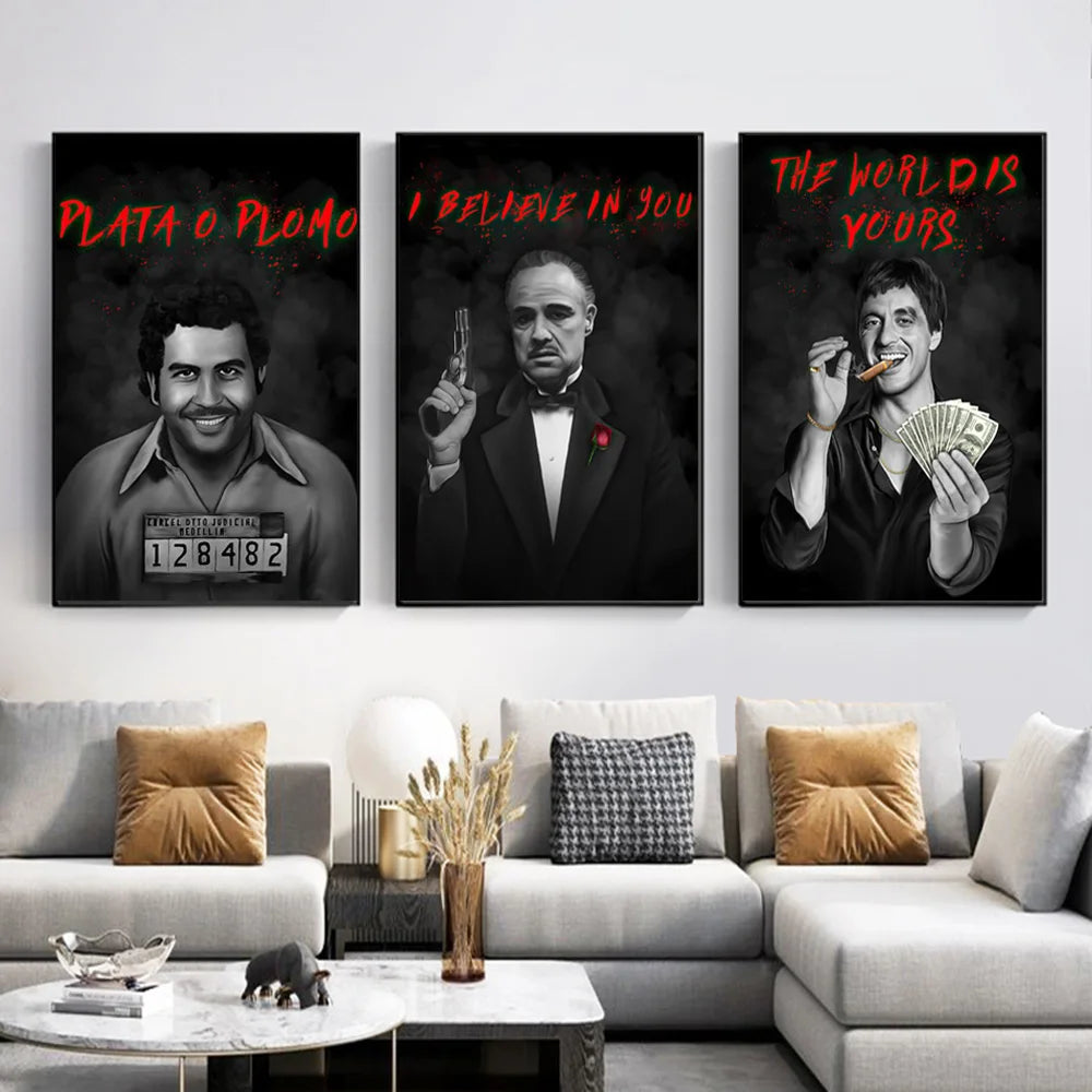 Gangster Bosses Legends Art Posters Scarface Escobar Godfather Wall Decor Motivational Canvas Prints Mafia Portrait Painting