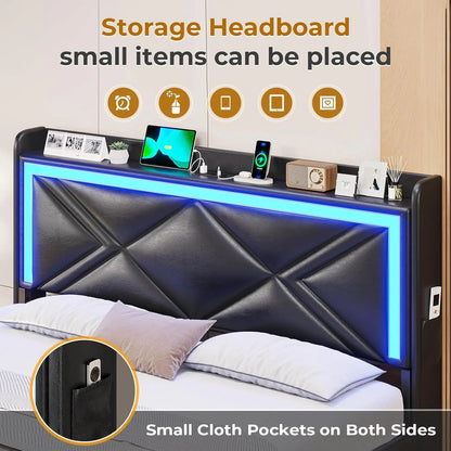 Bed Frame with Storage Headboard & 4 Drawers, Upholstered LED Bed Frame with Charging Station, Pu Leather Platform