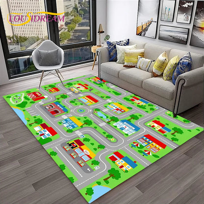 Child Playmat Traffic Highway City Playroom Carpet Rug for Home Living Room Bedroom Doormat Decor, Area Rug Non-slip Floor Mat