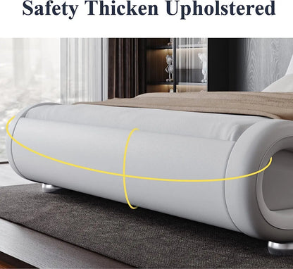 Upholstered Platform Bed Frame with Ergonomic & Adjustable Headboard, Modern Low Profile Sleigh Design