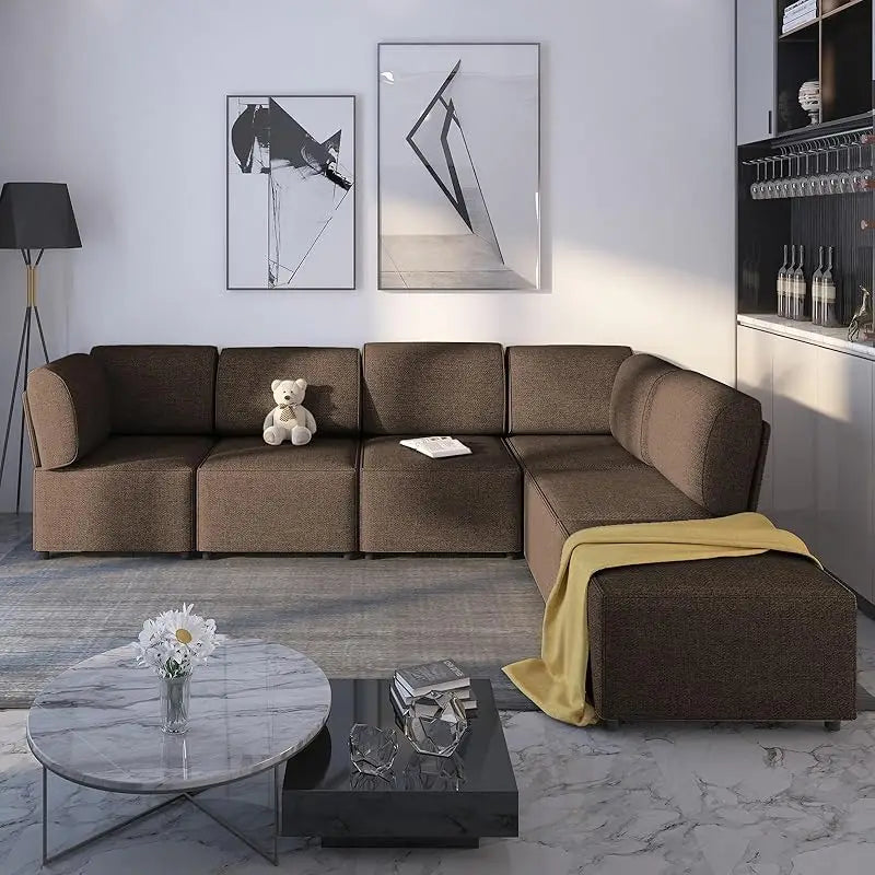Modular Sectional Sofa with Chaise, Convertible Oversize L Shaped Couch with Reversible Ottoman,Linen 6 Seater Free Combination