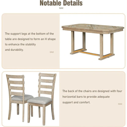 6 Pieces Dining Table Set with Bench, Rectangle Dining Table with 4 Upholstered Chairs & A Bench, Rubber Wood Dining Table Set