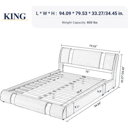 Queen Bed Frame with Iron Piece Decor, Faux Leather Upholstered Platform Bed with Adjustable Headboard & Strong Wooden Slats