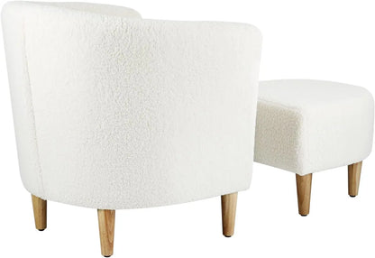 Accent Chair, Sherpa Chair White Fluffy Chair Teddy Barrel Chair with Ottoman Comfy ArmChair Footrest Set