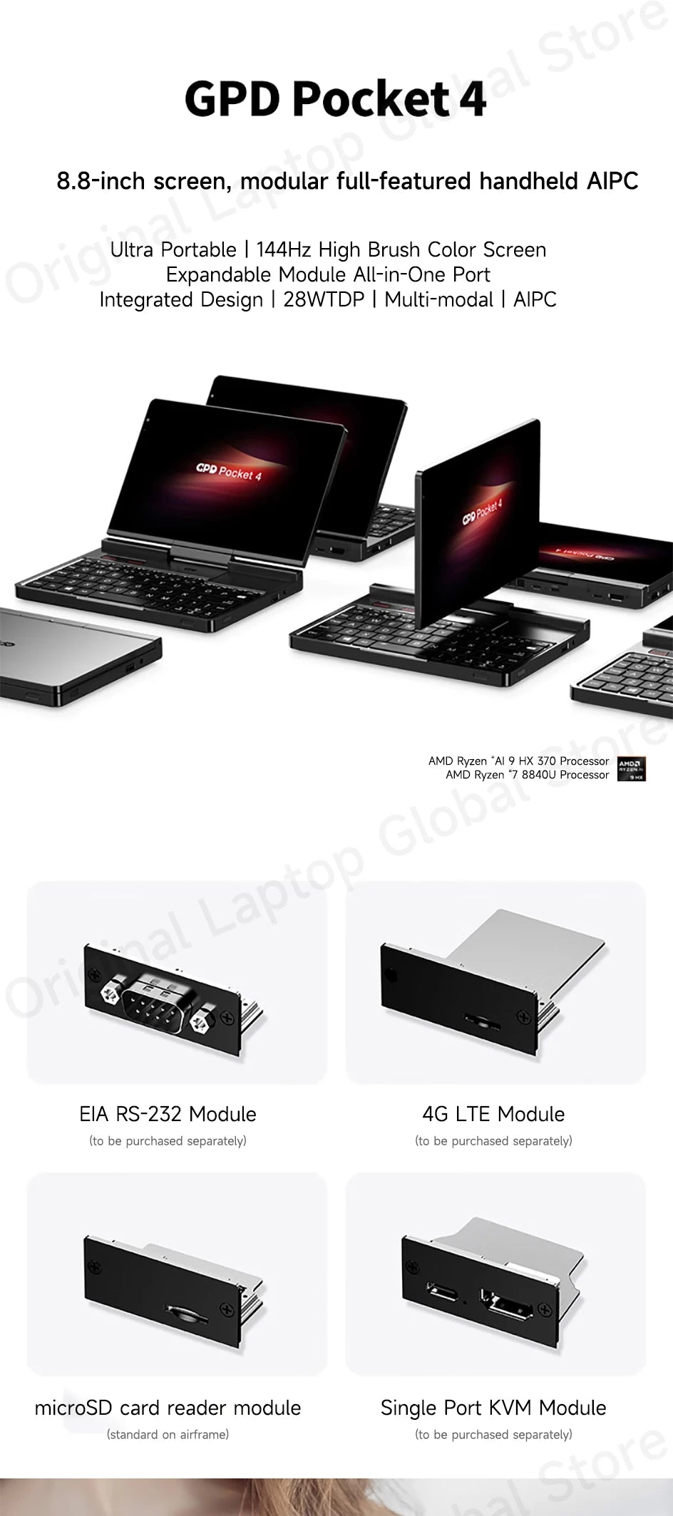 GPD Pocket 4 2025 Model AMD R7 8840U/AI 9 365/AI 9 HX 370 Processor 8.8-inch 2.5K Resolution 144 Hz Refresh Rate Mini Laptop