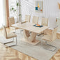 Modern wooden dining table set for 6 people with imitation marble top & 6 PU leather upholstered chairs，Wood grain beige