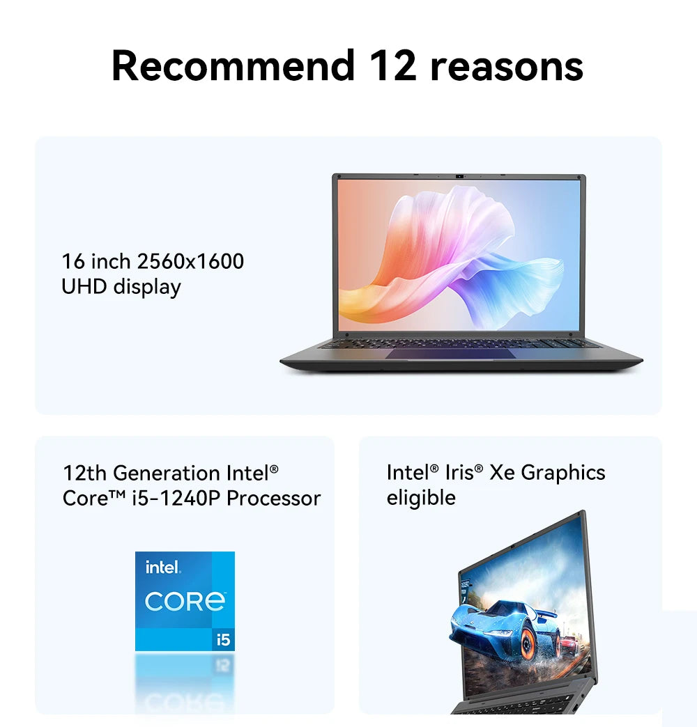 16 Inch Laptop with Intel Core i5 1240P 2.5K IPS Display Windows 11 Notebook Portable Adreamer Laptop 16GB RAM 1TB ROM SSD