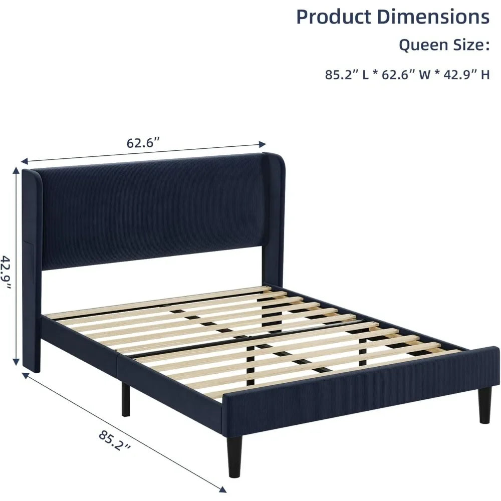 Bed Frame with Wingback & 2 Storage Pockets,  Upholstered Headboard, Solid Wood Slats Support, Velvet Platform Beds Bedroom