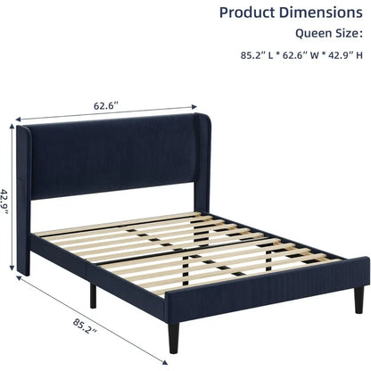Bed Frame with Wingback & 2 Storage Pockets,  Upholstered Headboard, Solid Wood Slats Support, Velvet Platform Beds Bedroom
