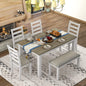 6 Pieces Dining Table Set with Bench, Rectangle Dining Table with 4 Upholstered Chairs & A Bench, Rubber Wood Dining Table Set