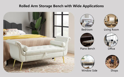 PU Leather Storage Benches End of Bed Vintage Flared Rolled Armed Bedroom Ottoman Bench Button Tufted Entryway Window
