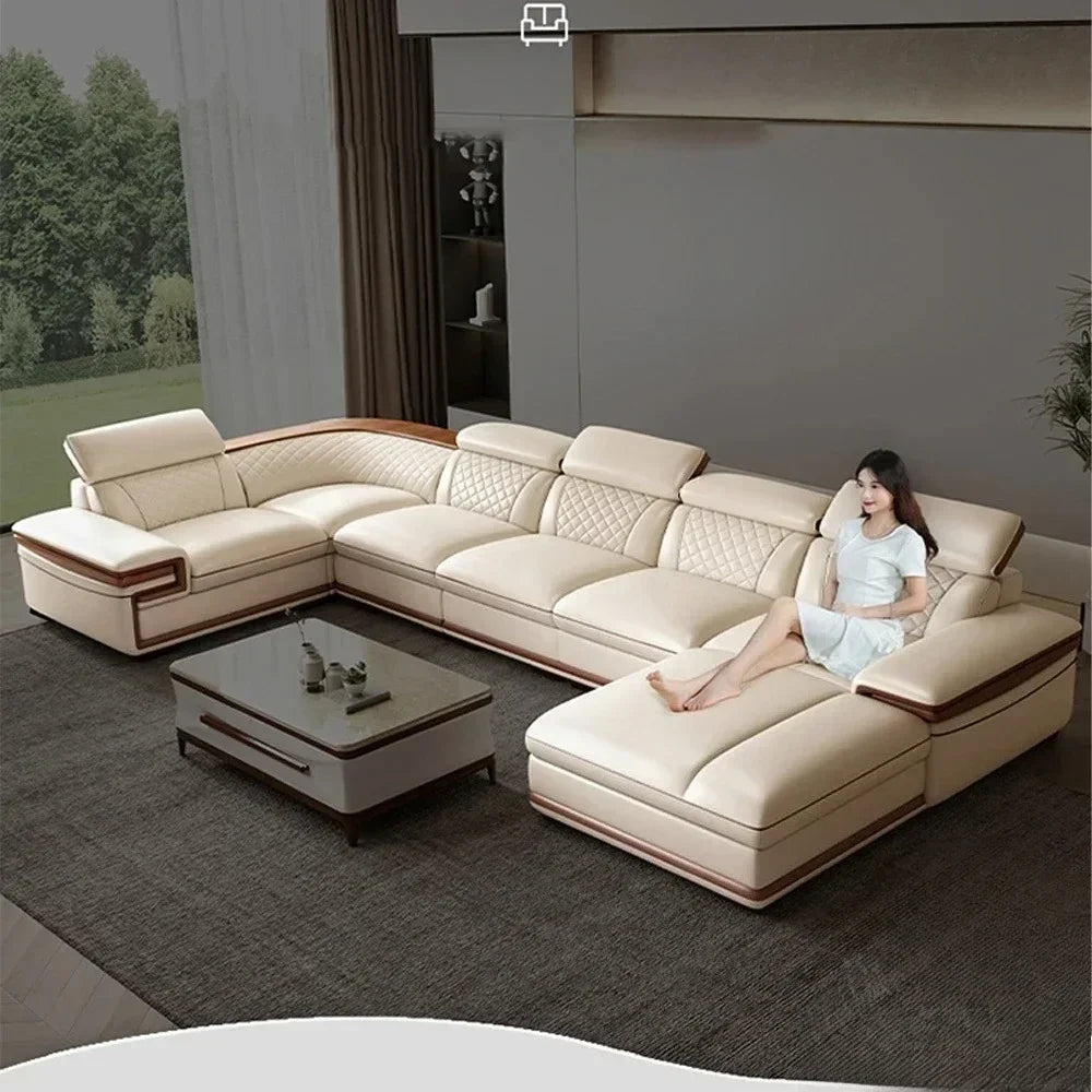 MINGDIBAO Premium Italian Genuine Leather Sofa Set for Living Room with Adjustable Headrests, Bluetooth Speaker, Wireless Charge