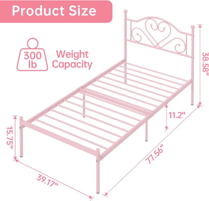 Full Size Bed Frame with Headboard, Heavy Duty Steel Slat Support Platform Under Bed Storage Space No Box Spring Needed, White