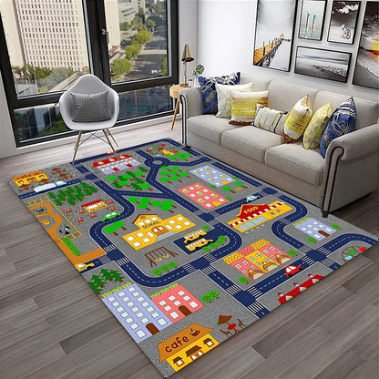 Child Playmat Traffic Highway City Playroom Carpet Rug for Home Living Room Bedroom Doormat Decor, Area Rug Non-slip Floor Mat