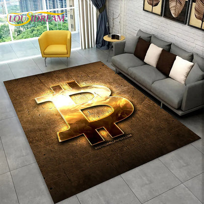 3D Bitcoin Virtual Currency Area Rug Large, Carpet Rug for Living Room Bedroom Sofa Playroom Doormat Decor, Kid Non-slip Floor Mat
