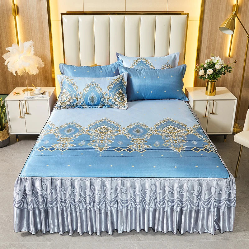 3pcs Set Luxury Classic Floral Bed Skirt with Pillowcase, Ice Silk Flower Print Bedding Set for Dorm, Bedroom, Guest Room Decor