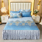 3pcs Set Luxury Classic Floral Bed Skirt with Pillowcase, Ice Silk Flower Print Bedding Set for Dorm, Bedroom, Guest Room Decor