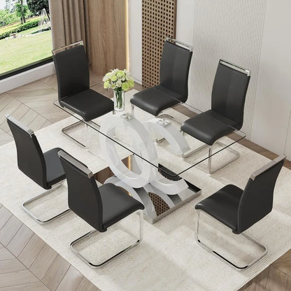 Glass Dining Table Set for 6 ,7 Piece Dining Table Set,Tempered Glass Table Top,PU Leather Ergonomic Dining Chairs Easy Assembly