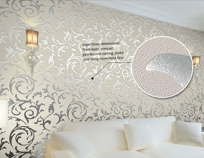 3D Grey Victorian Damask Embossed Wallpaper Roll Home Decor Living Room Bedroom Wall Coverings Silver Floral Luxury Wall Paper