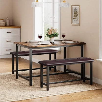 Dining Table Set for 4, Kitchen Table with Benches, Rectangular Dining Room Table Set with 2 Metal Wood Benches, 3 Piece Dining