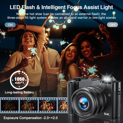 Digital Camera, 6X Optical Zoom & WiFi, 5K 30FPS 64MP Vlogging Camera, Rear & Front Cameras for Photography and Video, 64GB Card