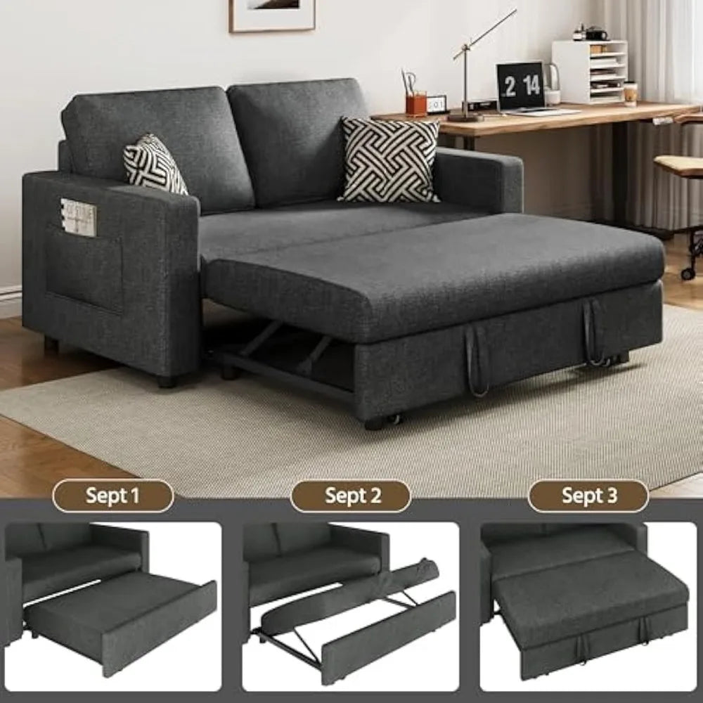 55.5 in Convertible Sofa Bed，Trundle Loveseat W/Pull-Out Trundle Bed Sleeper Sofa，for Living Room Bedroom，Convertible Couch