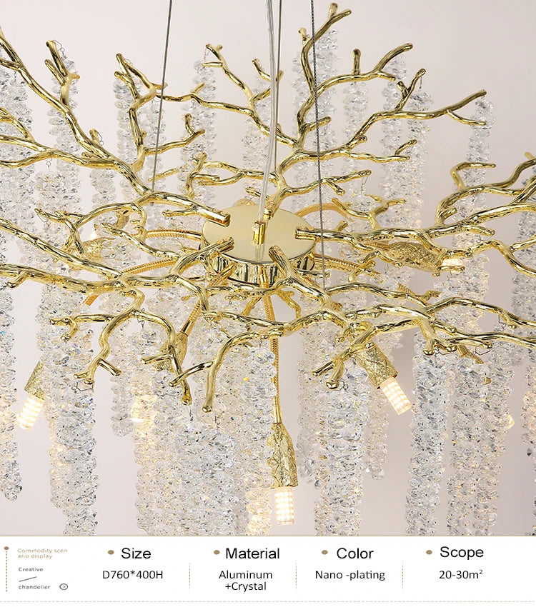 Round Gold Crystal Chandelier For Bedroom Living Room Dining Room Lounge Modern Luxury Gold Ceiling Crystal Branch Chandeliers