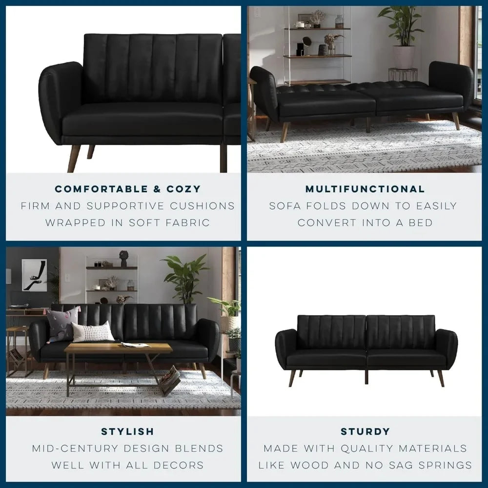 Brittany Futon Sofa Bed and Couch Sleeper, Black Faux Leather
