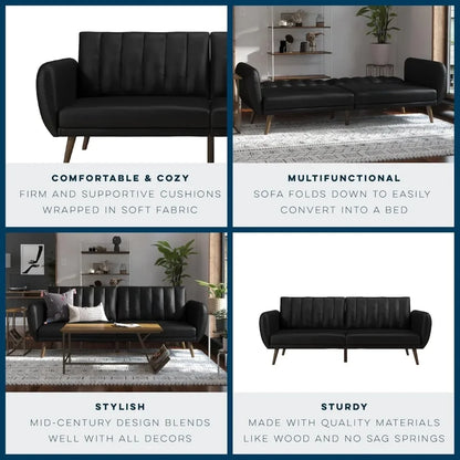 Brittany Futon Sofa Bed and Couch Sleeper, Black Faux Leather