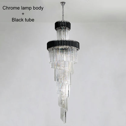 Large Top Long Crystal Led Chandeliers Hotel Hall Living Room Luxury Multi-layer Staircase Lighting Black Stainless Steel Light