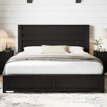 Farmhouse King Size Bed Frame, Wood Platform Bed with Natural Grain, No Box Spring Needed/Noise Free, Black