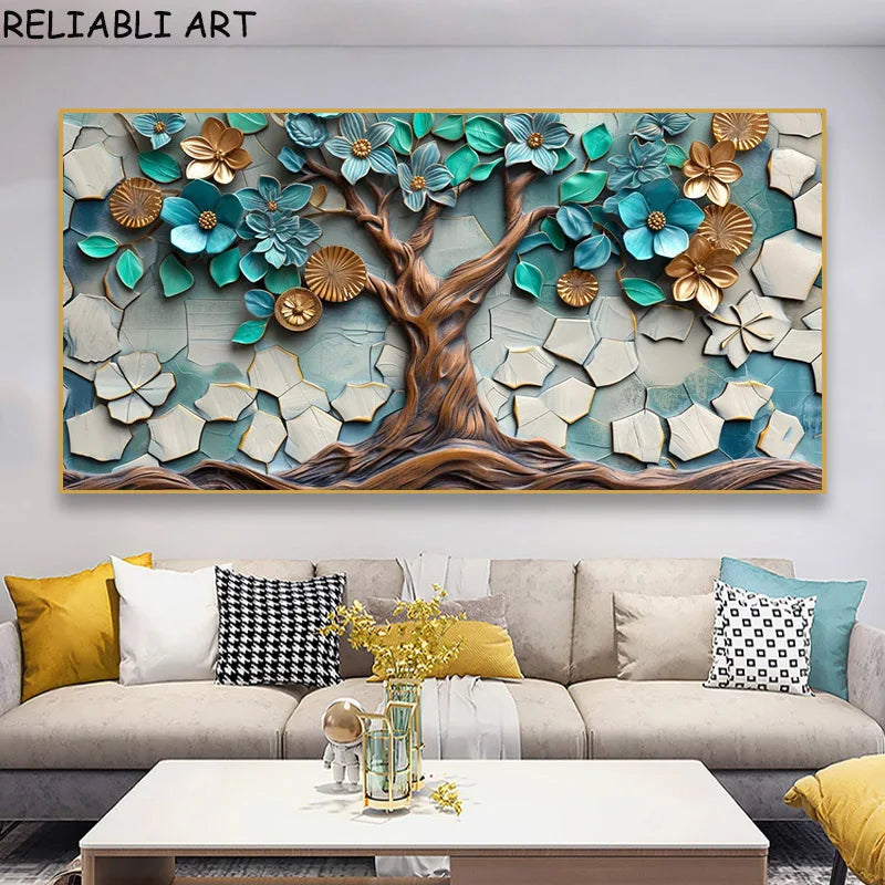 Abstract 3D Bule Flower Tree Poster and Prints Modern Canvas Painting Wall Art Pictures for Living Room Home Decor No Frame