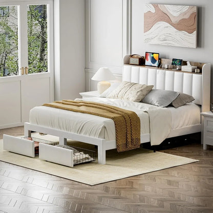 Upholstered Bed Frame Queen Size with Headboard with Storage Drawers & Charging Station,No Box Spring Needed/Heavy Duty
