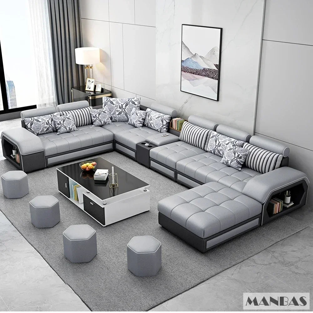 Linlamim Fabric Sofa Set Furniture Living Room Sofa Set With USB And Stools