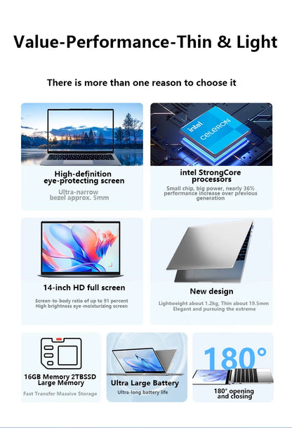 LENO 14.1"Ultra Slim Laptop 16GB RAM 2TB SSD Windows 11 Intel N3700 Notebook Gamer 1920*1080  Display Office Study Computer PC