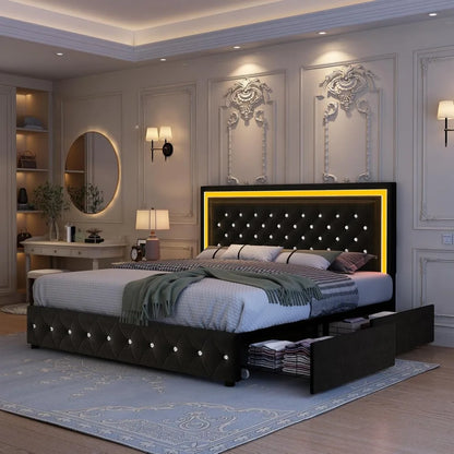 King Bed Frame with LED Lights, Storage Drawers, No Box Spring Needed, 900 lbs Capacity, Easy Assembly, bedroom furniture White