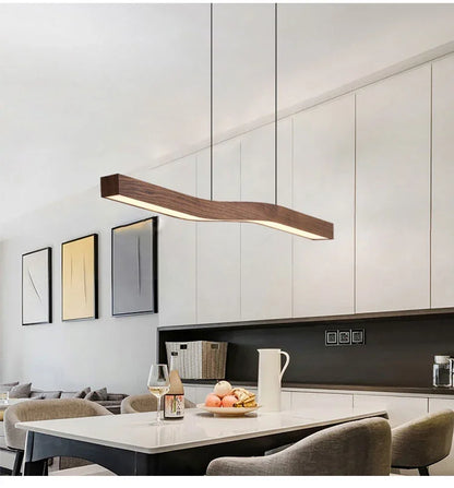 Modern Walnut Led Long Pendant Lights for Kitchen Island Dining Room Study Room Hanging Lamp Ceiling Chandeliers Wood Wooden