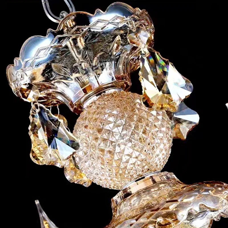 Light Luxury Cognac Color Crystal Chandelier For Stairway Sitting Room Big Chandelier For Staircase Iron Hanging Lamp Lustre Led