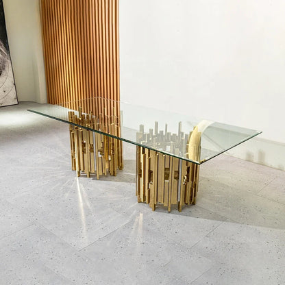 Gold and silver stainless steel metal dinning table and chair set for 4 6 seater luxury malaysia tempered glass top dining table