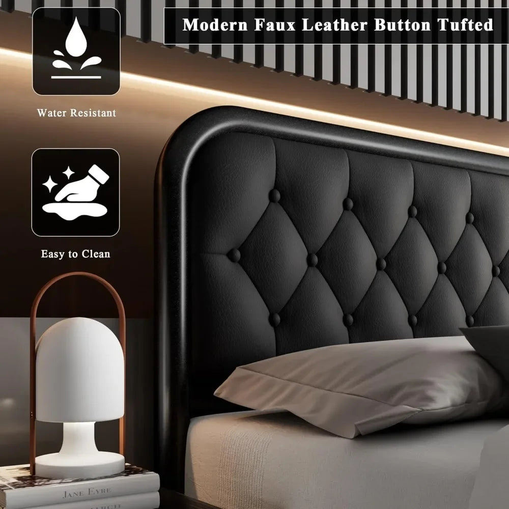 Heavy Duty Bed Frame with Faux Leather Headboard, Upholstered Platform Bed with Strong Metal Slats, 12" Under-Bed Storage